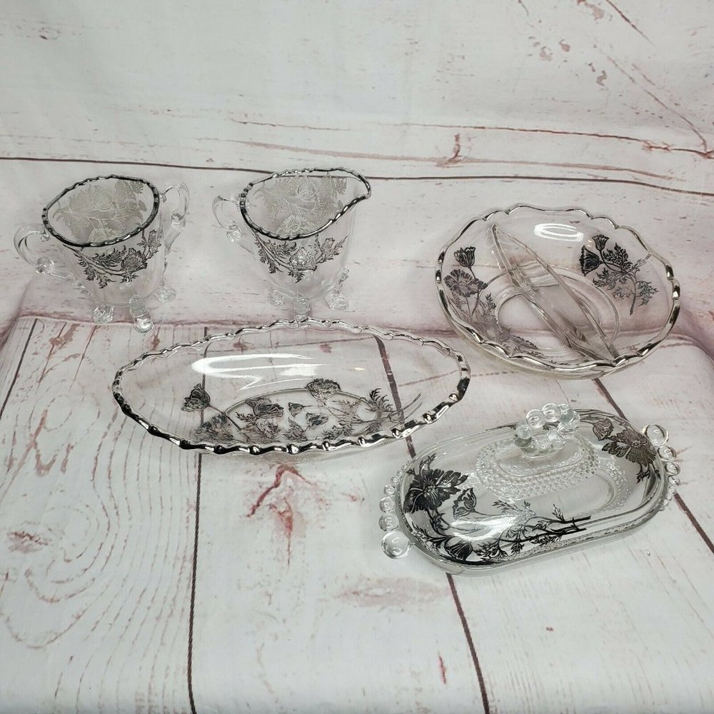 Rare 5 piece Silver Floral Design Glassware